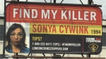 A ‘FIND MY KILLER’ billboard with Sonya Cywink's image at Dundas Street and Nightingale Avenue in London, Ont. on Thursday, Aug. 25, 2022. (Bryan Bicknell/CTV News London)
