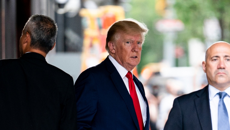 Former U.S. President Donald Trump departs Trump Tower, Wednesday, Aug. 10, 2022, in New York, on his way to the New York attorney general's office for a deposition in a civil investigation. (AP Photo/Julia Nikhinson) 
