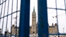 The Peace tower is seen between panels of temporary fencing, Wednesday, Feb. 23, 2022 in Ottawa. THE CANADIAN PRESS/Adrian Wyld