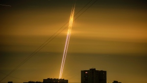 Russian rockets launched against Ukraine from Russia's Belgorod region are seen at dawn in Kharkiv, Ukraine, Sept. 3, 2022. (AP Photo/Vadim Belikov)