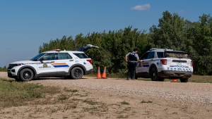 A police road block is set up at the James Smith Cree Nation, Sask., on Tuesday, September 6, 2022. THE CANADIAN PRESS/Heywood Yu