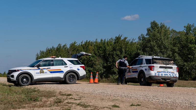 A police road block is set up at the James Smith Cree Nation, Sask., on Tuesday, September 6, 2022. THE CANADIAN PRESS/Heywood Yu