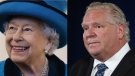 Queen Elizabeth II can be seen above, left, alongside Ontario Premier Doug Ford, right.