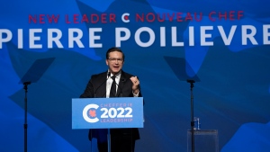 Newly elected Conservative Leader Pierre Poilievre delivers his acceptance speech on stage after winning the leadership, Saturday, September 10, 2022 in Ottawa. THE CANADIAN PRESS/Adrian Wyld