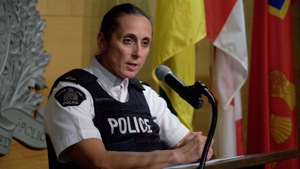 Assistant Commissioner Rhonda Blackmore speaks during a press conference at RCMP "F" Division Headquarters in Regina on Wednesday Sept. 7, 2022. (THE CANADIAN PRESS/Michael Bell)