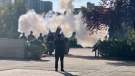 The ceremony began with a 21-gun salute on the south grounds, followed by a royal gun salute of 96 rounds to honour each year of the late monarch’s life. (Source: Scott Andersson/CTV News Winnipeg)