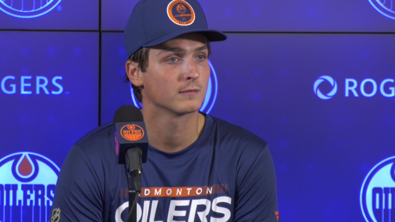 Jake Virtanen speaks with reporters at Rogers Place on September 19, 2022 after signing a professional tryout with the Oilers (Cam Wiebe/CTV News Edmonton).