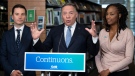 Coalition Avenir du Quebec Leader Francois Legault is flanked by French language minister Simon Jolin-Barrette, left, and candidate Shirley Dorismond,right, during a press conference In Longueuil, Que., Monday, Sept. 19, 2022. Quebec votes in a provincial election Oct. 3, 2022. THE CANADIAN PRESS/Ryan Remiorz