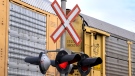 Level crossing signals flash as a CN Rail train passes in Dartmouth, N.S. on Thursday, Nov. 25, 2021. THE CANADIAN PRESS/Andrew Vaughan