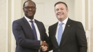 Alberta premier Jason Kenney shakes hands with Kaycee Madu, Minister of Municipal Affairs after being sworn into office in Edmonton on Tuesday April 30, 2019. Alberta has introduced legislation to give municipalities more flexibility to offer tax breaks to businesses to boost their economies. The changes were introduced today in the house by Municipal Affairs Minister Kaycee Madu. THE CANADIAN PRESS/Jason Franson