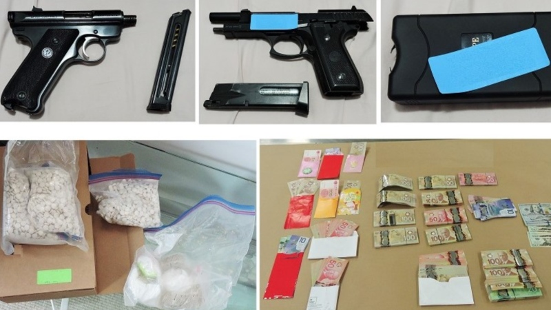 Police say they seized a variety of drugs, $100,000 in cash, a prohibited firearm and two Tasers during a search at a Richmond, B.C., home. (Handout) 