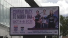 Sign outside of Memorial Gardens in North Bay shows the Grand Slam of Curling is returning with its Boost National tournament. Sept. 23/22 (Eric Taschner/CTV Northern Ontario)