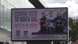 Sign outside of Memorial Gardens in North Bay shows the Grand Slam of Curling is returning with its Boost National tournament. Sept. 23/22 (Eric Taschner/CTV Northern Ontario)