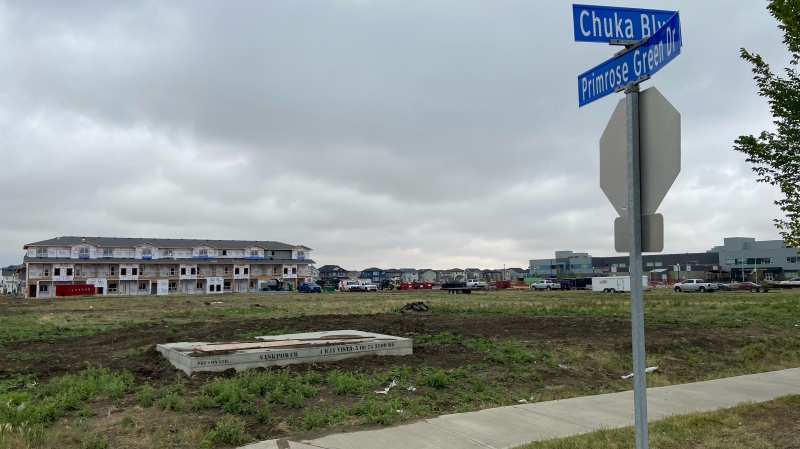 A vacant two-acre lot at the corner of Chuka Boulevard and Primrose Green Drive in southeast Regina has been identified as a probable location for a new fire hall. (Luke Simard / CTV News) 