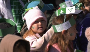 Friday, about 1,500 students gathered outside of city hall to celebrate the raising of the Franco-Ontarian flag, an event held each year since it was officially named Franco-Ontarian Day in 2010. (Eric Taschner/CTV News)