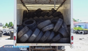 As a way to prevent old tires from making their way to landfill sites in Greater Sudbury, reThink Green and B2B Industrial have teamed up to create a tire drop-off program. (Photo from video)