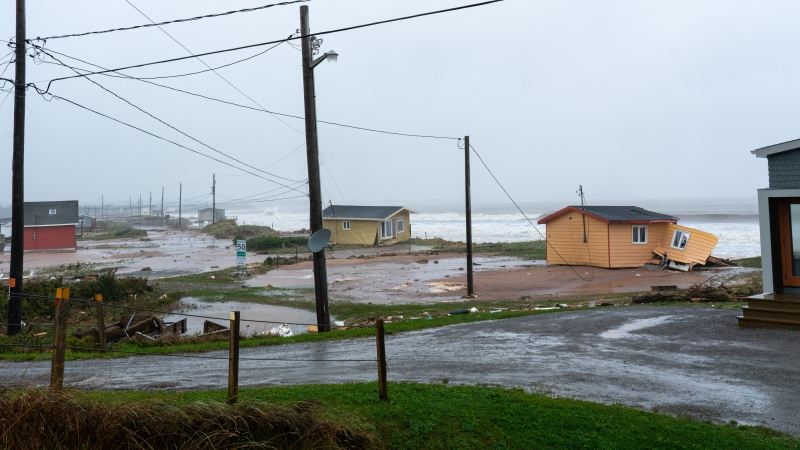 Damage to chalets in la Martinique caused by post-tropical storm Fiona are shown on the Les Îles-de-la-Madeleine, Que., Saturday, Sept. 24, 2022. THE CANADIAN PRESS/Nigel Quinn