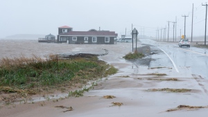 Youth hostel Paradis Bleu is surrounded by high water caused by post-tropical storm Fiona is shown on the Les Îles-de-la-Madeleine, Que., Saturday, Sept. 24, 2022. Coastal flooding remains a threat for parts of Nova Scotia, Prince Edward Island including the Northumberland Strait, the Gulf of St. Lawrence region including Iles-de-la-Madeleine and eastern New Brunswick, southwest Newfoundland, the St. Lawrence Estuary and the Quebec Lower North Shore. THE CANADIAN PRESS/Nigel Quinn