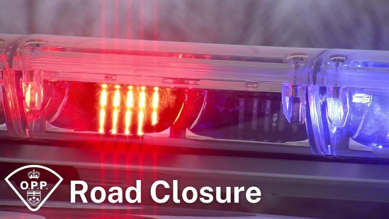 An OPP graphic of a police cruiser with its lights on and the words "Road closure." (Source: @OPP_COMM_WR/Twitter)