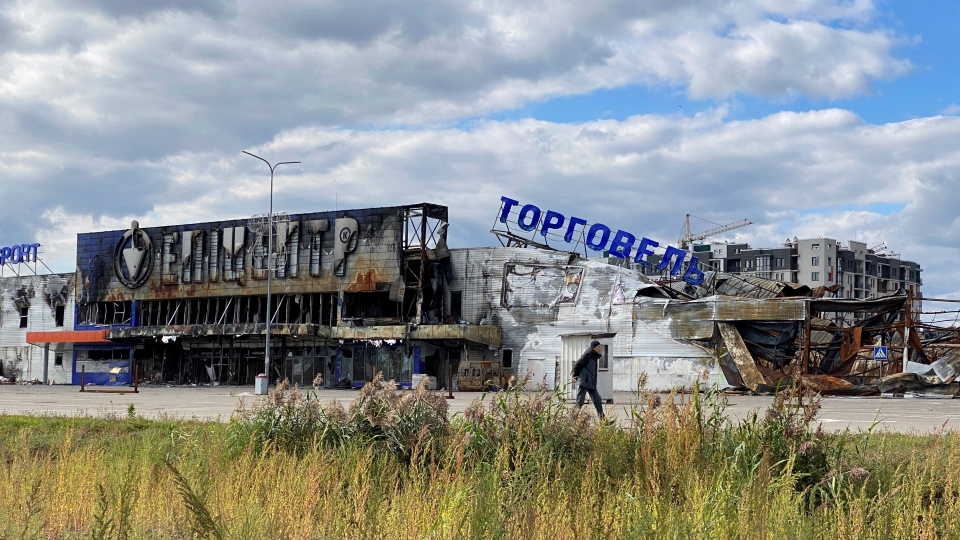 Destroyed shopping centre in Bucha, Ukraine
