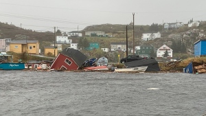 This photo provided by Pauline Billard shows destruction caused by Hurricane Fiona in Rose Blanche, 45 kilometres east of Port aux Basques, N.L., Sept. 24, 2022. (Pauline Billard via AP)