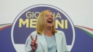 Far-Right party Brothers of Italy's leader Giorgia Meloni reacts at her party's electoral headquarters in Rome, on Sept. 25, 2022. (Gregorio Borgia / AP)