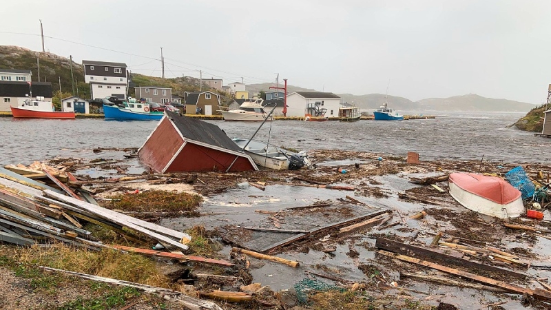Destruction caused by Hurricane Fiona in Rose Blanche, 45 kilometres east of Port aux Basques, Newfoundland and Labrador, on Sept. 24, 2022. (Pauline Billard via AP) 