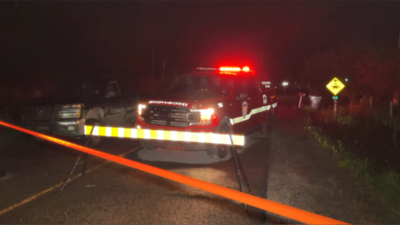Emergency crews at the scene of a crash in Lochaber, Que. Sunday night. One teen was killed and three others were injured in the crash. (TVA Nouvelles)