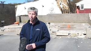 Nova Scotia Premier Tim Houston provides a briefing on post-tropical storm Fiona and the governmental response in front of a destroyed structure in Glace Bay, Nova Scotia on Sunday September 25, 2022.