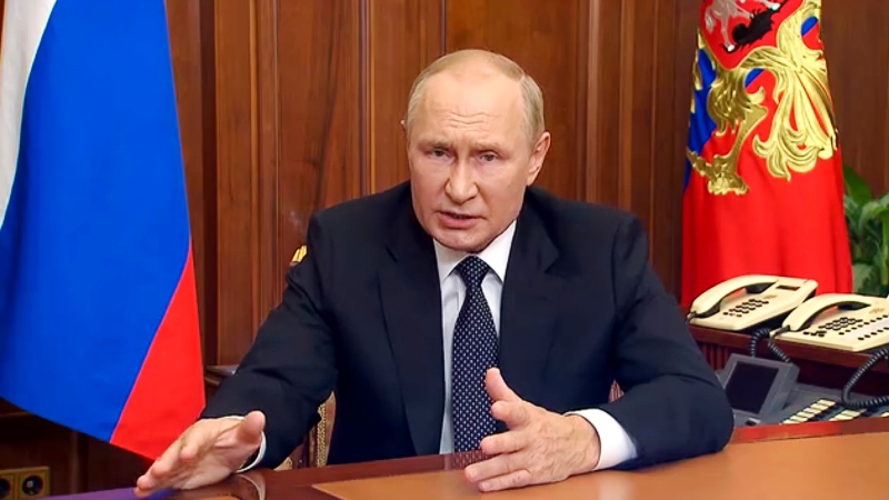 In this image made from video released by the Russian Presidential Press Service, Russian President Vladimir Putin gestures as he addresses the nation in Moscow, Russia, Wednesday, Sept. 21, 2022. (Russian Presidential Press Service via AP, File)