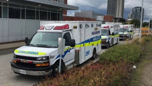 Ambulances wait to off load patients at Grand River Hospital on Sept. 26, 2022. (Dan Lauckner/CTV Kitchener)