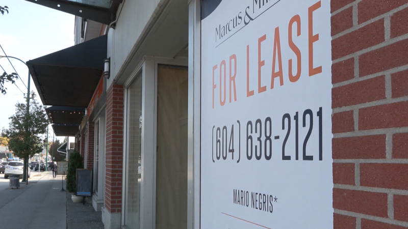 A "For Lease" sign is seen on a piece of commercial real estate in Vancouver. 
