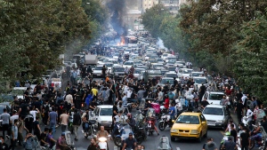 Demonstrations in Tehran following the death of Mahsa Amini are seen here on Sept. 21. (CNN -- Anadolu Agency/Getty Images)