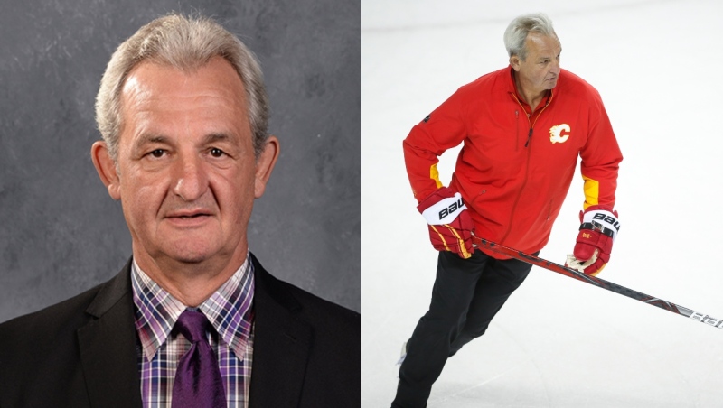 Darryl Sutter's official headshot from NHL.com (left) and a photo of him skating during the opening day of training camp in Calgary on Thursday, Sept. 23, 2021. (THE CANADIAN PRESS/Jeff McIntosh) (right) 