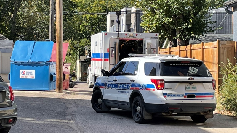 The Regina Police Service's Explosives Disposal Unit is seen investigating a suspicious packaged in the 3100 block of Victoria Avenue on Sept. 27, 2022. (Katy Syrota/CTV News) 
