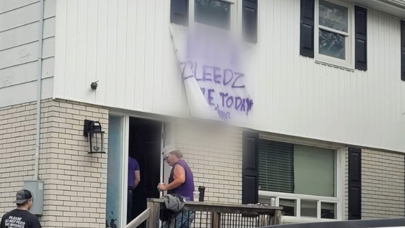 An offensive sign that references female genitalia was hung from a student home in London, Ont. over Homecoming weekend in September 2022, upsetting neighbours of the quiet street. (Source: Facebook)