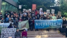 Nuchatlaht and Nuu-chah-nulth First Nation leaders and supporters rally at the BC Supreme Court in Vancouver on Tuesday, Sept. 27, 2022, ahead of closing arguments in an Indigenous title case between the Nuchatlaht First Nation and the B.C. government. THE CANADIAN PRESS/Brieanna Charlebois