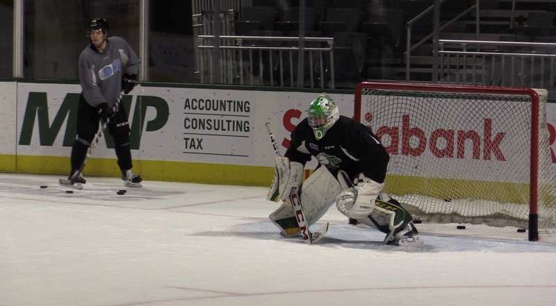 Goaltender Brett Brochu stares down a shooter at London Knights practice. The Knights open their season against Owen Sound on Sept. 30, 2022 at Budweiser Gardens in London, Ont. (Brent Lale/CTV News London)