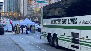 A crash involving a charter bus killed a pedestrian in downtown Vancouver on Sept. 27, 2022.