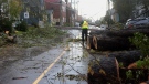 A worker begins the process of cleaning up after post-tropical storm Fiona, in Charlottetown, Monday, Sept. 26, 2022. Across the Maritimes, eastern Quebec and in southwestern Newfoundland, the economic impact of the storm's wrath is still being tallied. (THE CANADIAN PRESS/Brian McInnis)