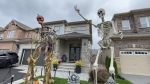 Two skeletons stand guard outside Nathalie Behan's house in Stittsville. (Dave Charbonneau/CTV News Ottawa)