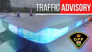 An OPP graphic depicts a police cruiser with its lights on, and the words "OPP" and "Traffic Advisory." (Source: OPP West Region/Twitter)