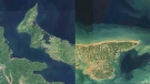 A composite image compares before and after Fiona swept over P.E.I. (Canadian Space Agency/European Union)