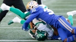 Saskatchewan Roughriders quarterback Cody Fajardo (7) scores the touchdown during the first half of CFL football action against the Winnipeg Blue Bombers in Winnipeg Saturday, September 10, 2022.THE CANADIAN PRESS/John Woods