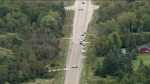 The scene of an apparent hit-and-run collision on Davis Drive, just outside Newmarket, is pictured in this aerial image. 