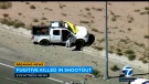 This image from video provided by KABC-TV shows a truck owned by Anthony John Graziano after a shootout on a highway in Hesperia, Calif., on Tuesday, Sept. 27, 2022. (KABC-TV via AP)