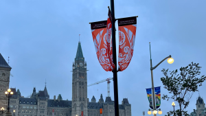 New banners have been installed on Wellington Street in Ottawa for the National Day for Truth and Reconciliation on Friday. (Mike Le Coteur/CTV News Ottawa/Twitter