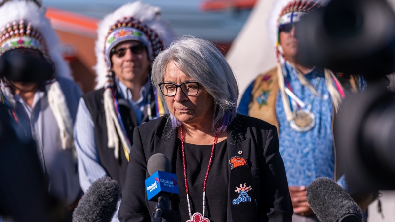 Governor General of Canada Mary Simon speaks to members of media after a visit to Bernard Constant Community School at James Smith Cree Nation, Sask., on Wednesday, September 28, 2022. THE CANADIAN PRESS/Heywood Yu 