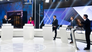 From left, CAQ Leader Francois Legault, Liberal Leader Dominique Anglade, Parti Quebecois Leader Paul St-Pierre Plamondon, Quebec Solidaire co-spokesperson Gabriel Nadeau-Dubois and Quebec Conservative Leader Eric Duhaime participate in a leaders debate in Montreal, Thursday, September 22, 2022. Quebecers will go to the polls on October 3rd. THE CANADIAN PRESS/Paul Chiasson