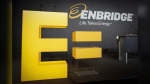 Enbridge company logos are seen at the company's annual meeting in Calgary, Thursday, May 12, 2016. (THE CANADIAN PRESS/Jeff McIntosh)